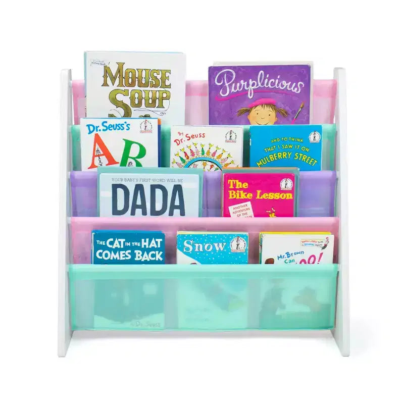 Çocuklar İçin 4 Katlı Kitaplık, Kumaş Cepli, Beyaz & Pastel, MDF, 3–8 Yaş
