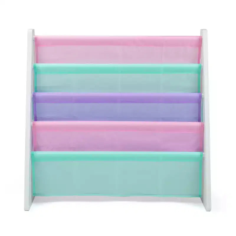Çocuklar İçin 4 Katlı Kitaplık, Kumaş Cepli, Beyaz & Pastel, MDF, 3–8 Yaş