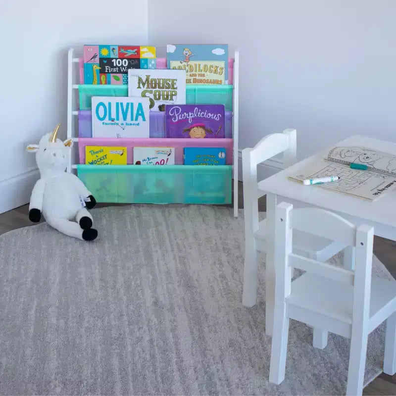 Çocuklar İçin 4 Katlı Kitaplık, Kumaş Cepli, Beyaz & Pastel, MDF, 3–8 Yaş