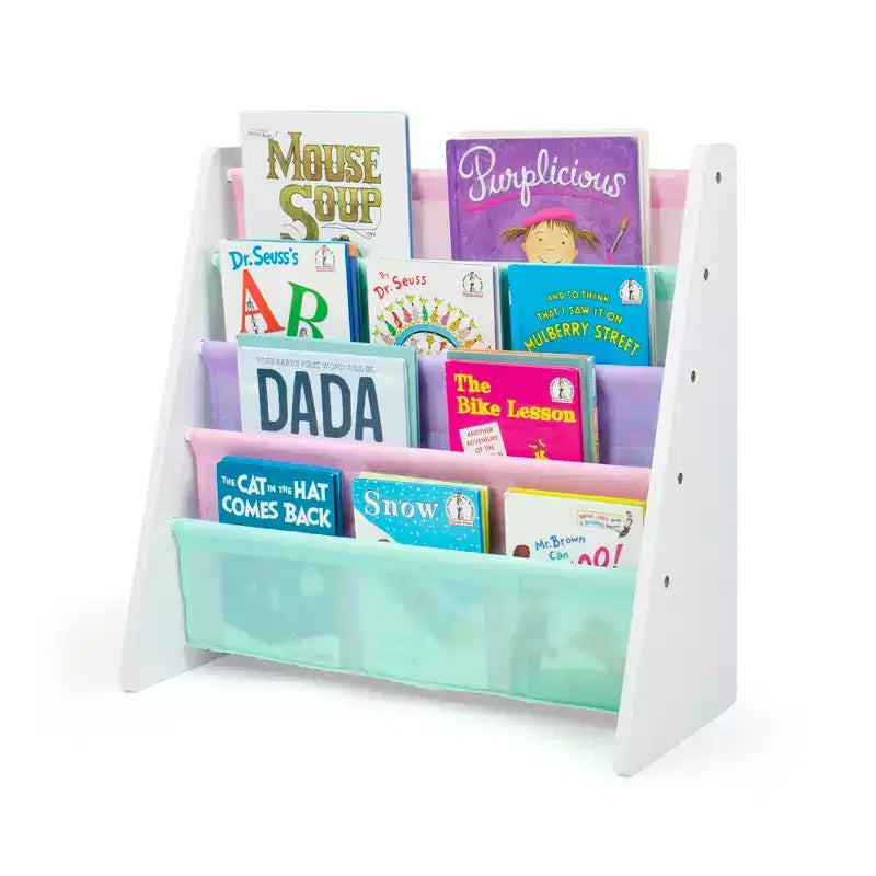 Çocuklar İçin 4 Katlı Kitaplık, Kumaş Cepli, Beyaz & Pastel, MDF, 3–8 Yaş