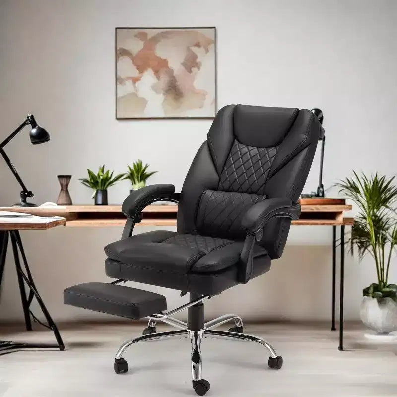 6-Punkt Massage-Bürostuhl mit Wärme & ausziehbarer Fußstütze, PU-Leder, Schwarz