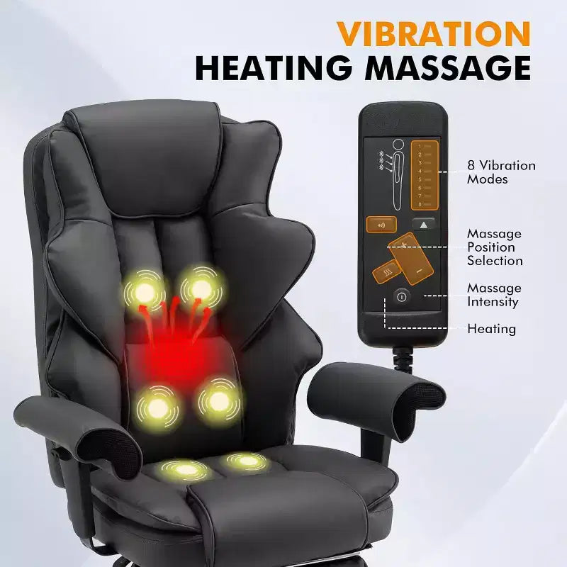6-Punkt Massage-Bürostuhl mit Wärme & ausziehbarer Fußstütze, PU-Leder, Grau