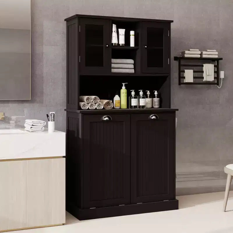 59,7" Schwarzer freistehender Kipp-Linen-Schrank mit verstellbaren Regalen, 32,7"W