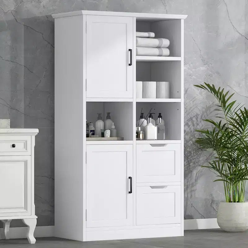 Beyaz Ayaklı Banyo Depolama Dolabı, Açık Raf ve Çoklu Bölmelerle