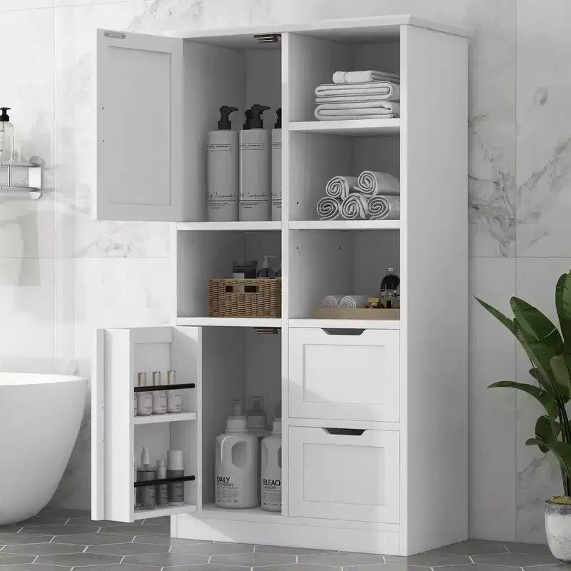 Beyaz Ayaklı Banyo Depolama Dolabı, Açık Raf ve Çoklu Bölmelerle