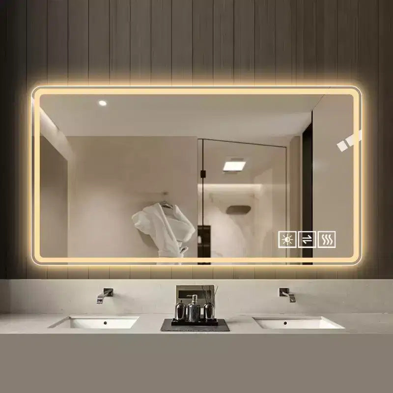 48x32 LED Badezimmerspiegel: 3 Farben, 5-stufig dimmbar, Anti-Beschlag, wandmontiert, horizontal/vertikal