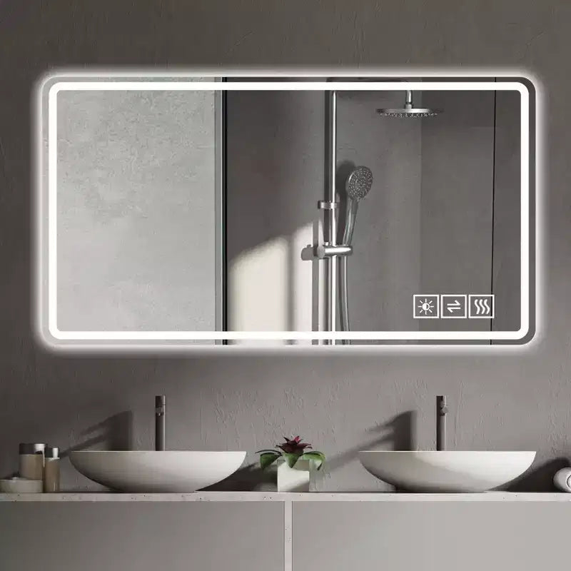 48x32 LED Badezimmerspiegel: 3 Farben, 5-stufig dimmbar, Anti-Beschlag, wandmontiert, horizontal/vertikal