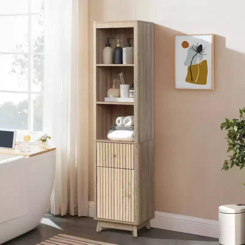 Dalga Desenli Banyo Kulesi Dolabı, 1 Çekmece ve 1 Kapaklı, Doğal Kahverengi
