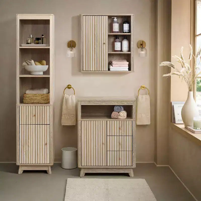 Dalga Desenli Banyo Kulesi Dolabı, 1 Çekmece ve 1 Kapaklı, Doğal Kahverengi
