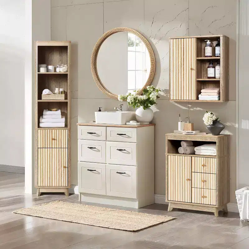Badezimmer-Turm-Schrank mit Wellenmuster, 1 Schublade & 1 Tür, natürliche braune Oberfläche