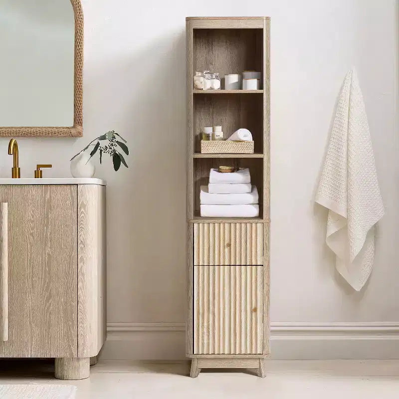 Dalga Desenli Banyo Kulesi Dolabı, 1 Çekmece ve 1 Kapaklı, Doğal Kahverengi