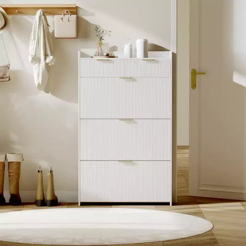 31,5 Fluted schlanker Schuhschrank für den Eingangsbereich mit 2 Schubladen und verstellbarem Regal