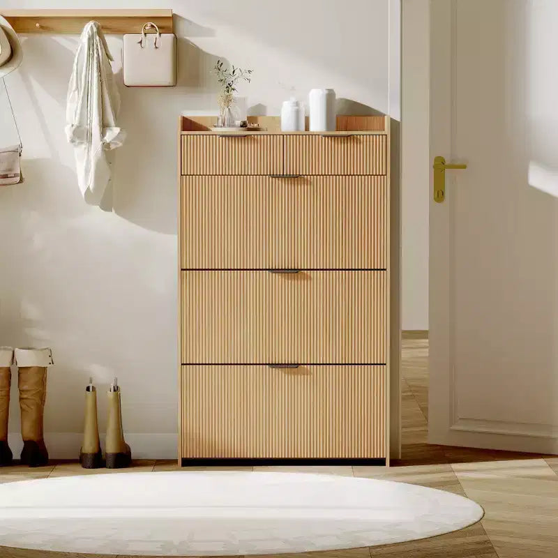 31,5 Fluted schlanker Schuhschrank für den Eingangsbereich mit 2 Schubladen und verstellbarem Regal