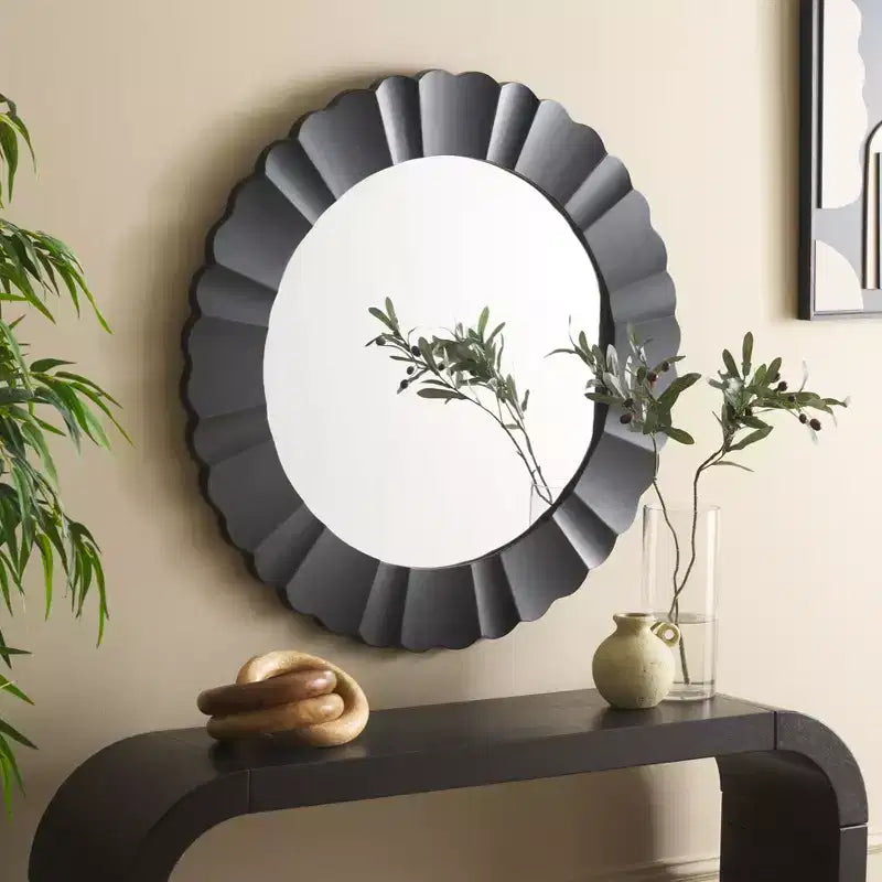 36" Rundes, gewelltes Wandspiegel, weißer MDF-Rahmen, keine Montage erforderlich