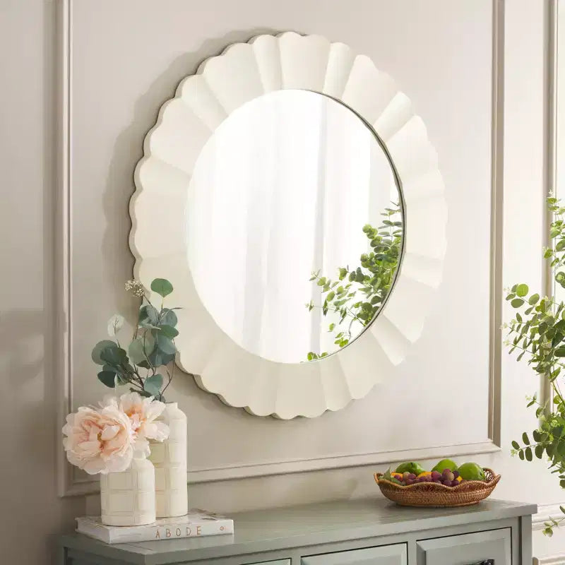 36" Yuvarlak Dalgalı Duvar Aynası, Beyaz MDF Çerçeve, Kurulum Gerektirmez