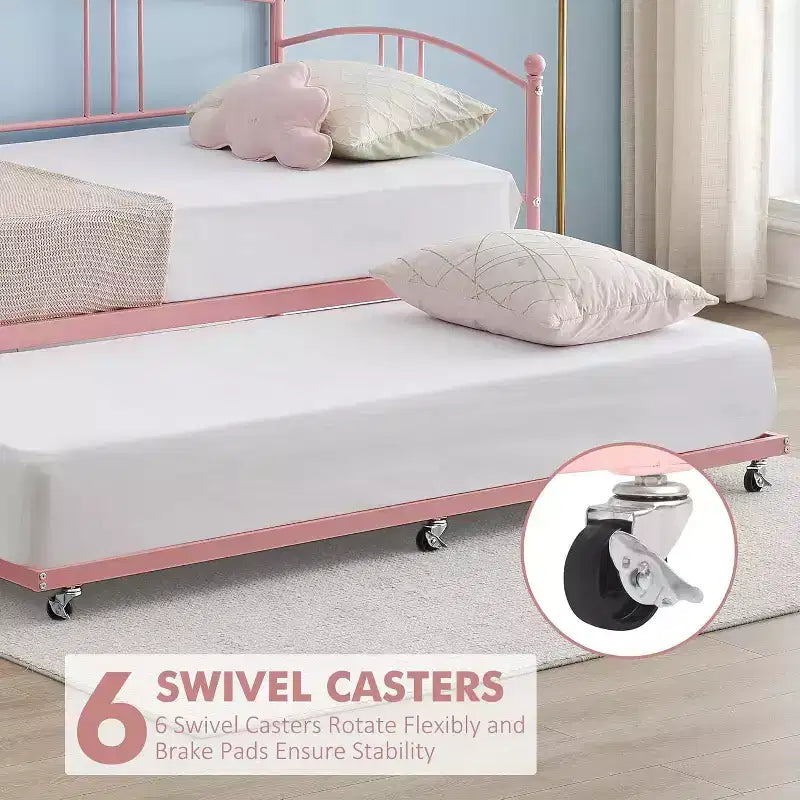 Metall Tagesbett in Twin-Größe mit Ausziehbett & gebogenem Kopfteil, Schlafsofa fürs Wohnzimmer