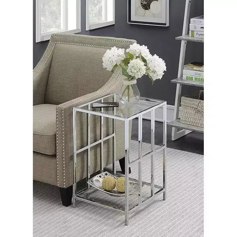 24" Gümüş Renk Dikdörtgen Cam Üst Yan Sehpa, Modern Dekoratif Yan Sehpa