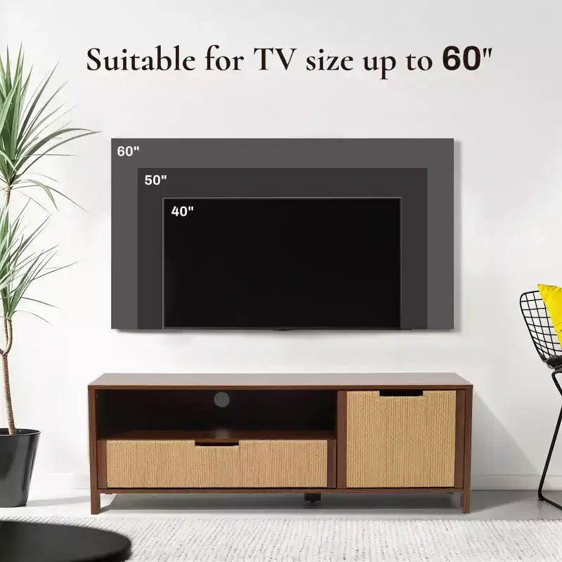 55" Ceviz TV Sehpası, 60" TV'lere Uygun, Örgülü Halat Kapak, Çekmeceli Medya Konsolu