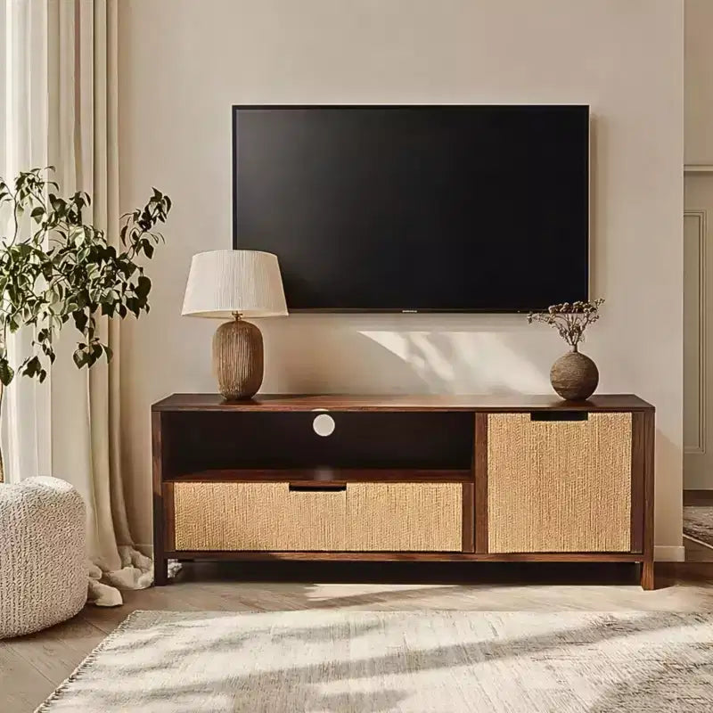55" Ceviz TV Sehpası, 60" TV'lere Uygun, Örgülü Halat Kapak, Çekmeceli Medya Konsolu