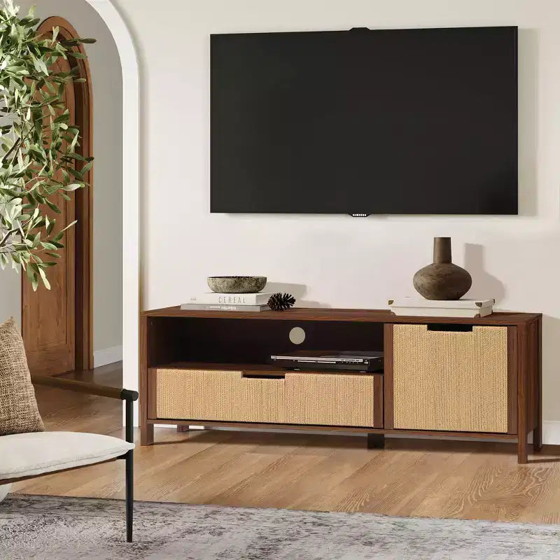 55" Ceviz TV Sehpası, 60" TV'lere Uygun, Örgülü Halat Kapak, Çekmeceli Medya Konsolu