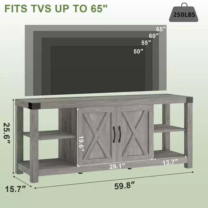 65" Kadar TV için Çiftlik Evi Tarzı Ahşap TV Dolabı, Ayarlanabilir Raflar ve 2 Dolap