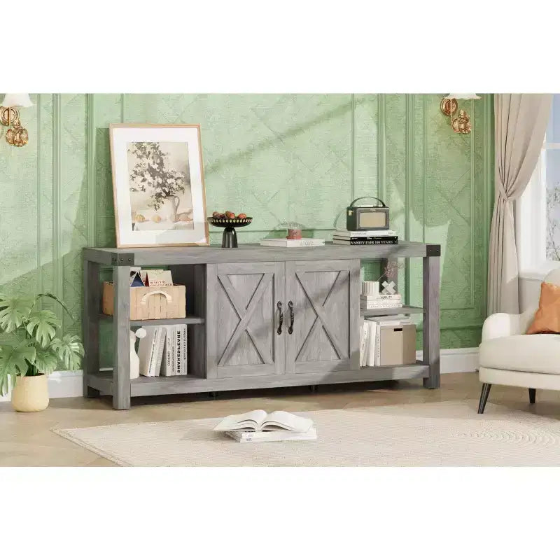 65" Kadar TV için Çiftlik Evi Tarzı Ahşap TV Dolabı, Ayarlanabilir Raflar ve 2 Dolap