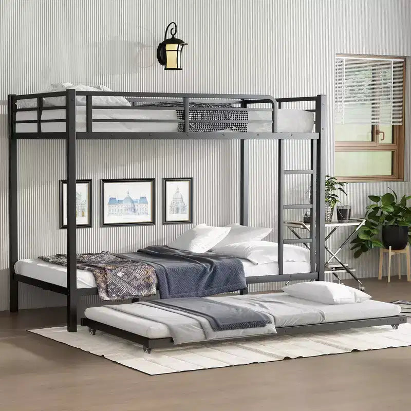 Twin XL über Twin XL Metall-Etagenbett mit Ausziehbett, Schutzgeländern & geräuschfrei, Schwarz