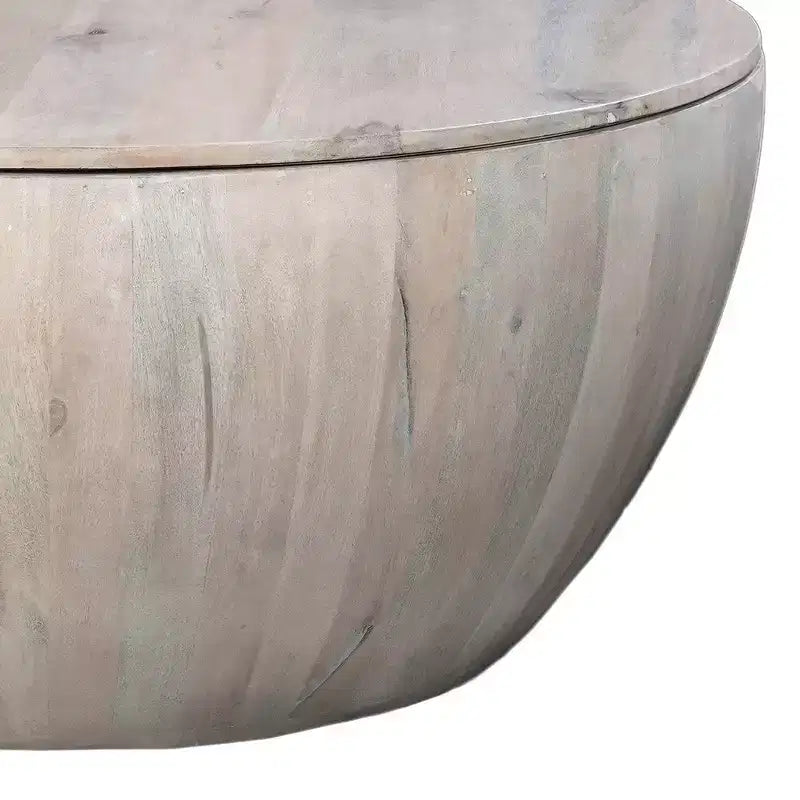37" Yuvarlak Davul Kahve Masası, Depolamalı, El Yapımı Yıkanmış Beyaz Mango Ağacı