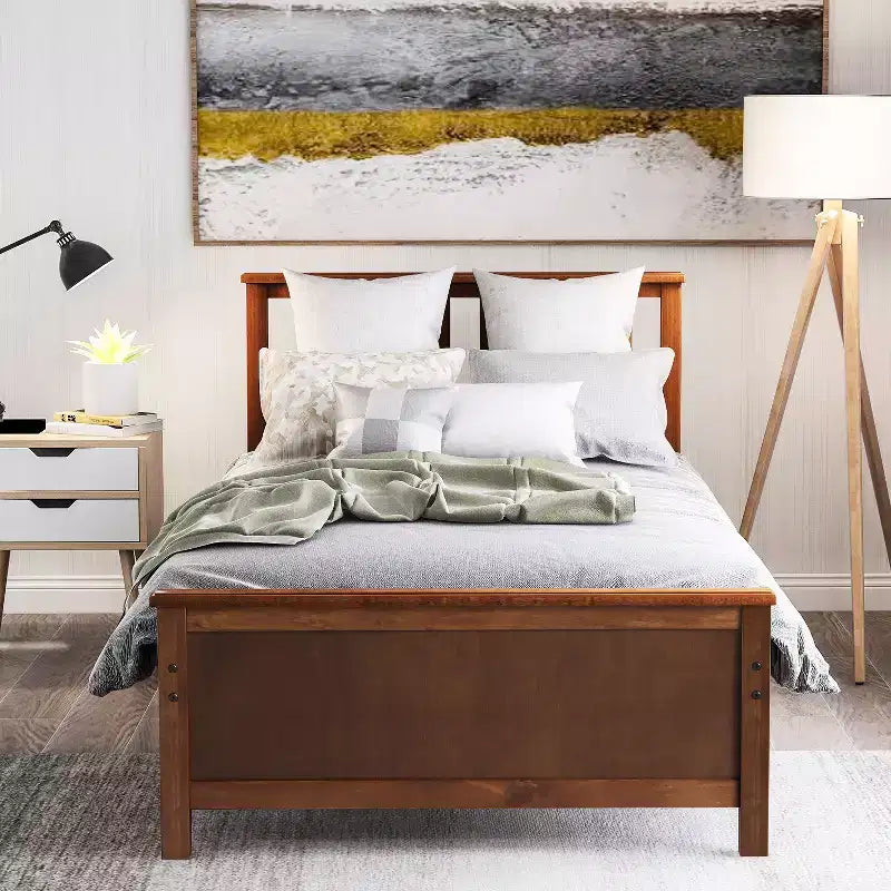 Twin-Size Holzplattformbett mit Kopfteil, Fußteil und Lattenrost, Walnuss
