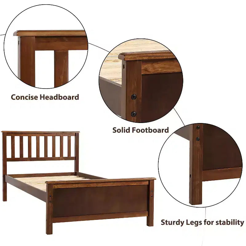 Twin-Size Holzplattformbett mit Kopfteil, Fußteil und Lattenrost, Walnuss