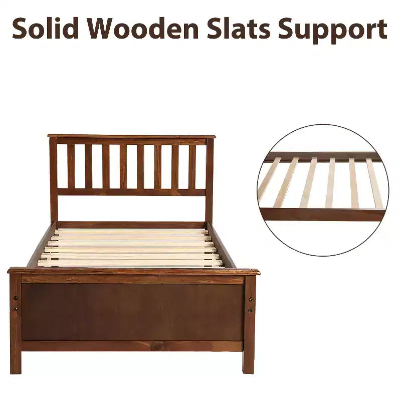 Twin-Size Holzplattformbett mit Kopfteil, Fußteil und Lattenrost, Walnuss