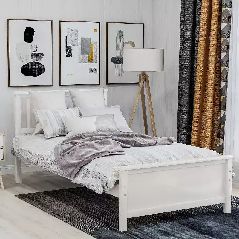 Twin-Size Holzplattformbett mit Kopfteil, Fußteil und Lattenrost, Walnuss
