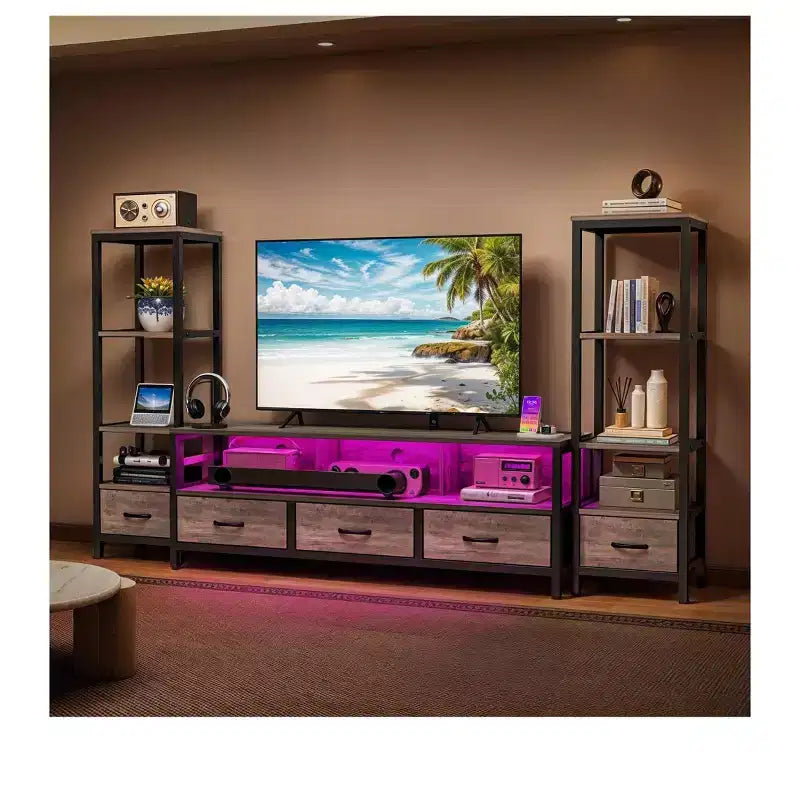 65 İnç TV için LED TV Sehpası, 4 Katlı Kitaplık ve Prizli Eğlence Merkezi, Oturma Odası TV Konsol Dolabı