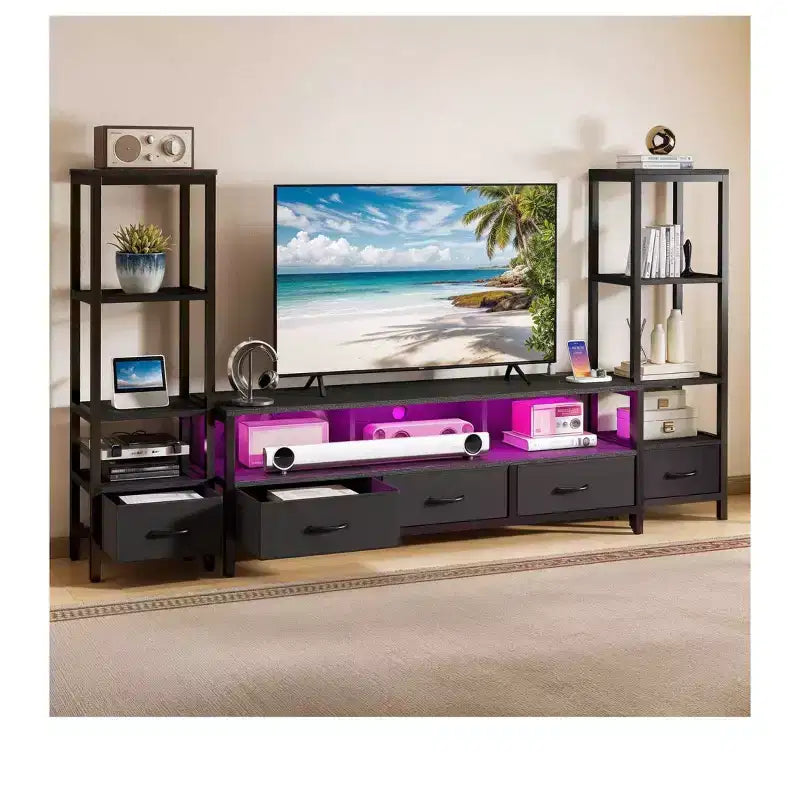 65 İnç TV için LED TV Sehpası, 4 Katlı Kitaplık ve Prizli Eğlence Merkezi, Oturma Odası TV Konsol Dolabı