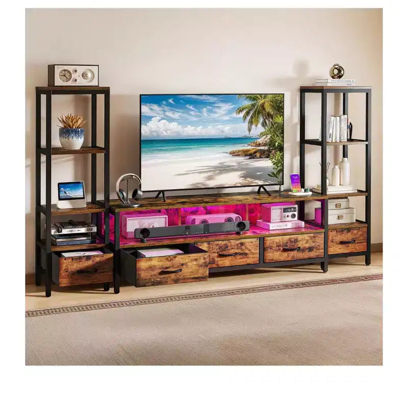 65 İnç TV için LED TV Sehpası, 4 Katlı Kitaplık ve Prizli Eğlence Merkezi, Oturma Odası TV Konsol Dolabı
