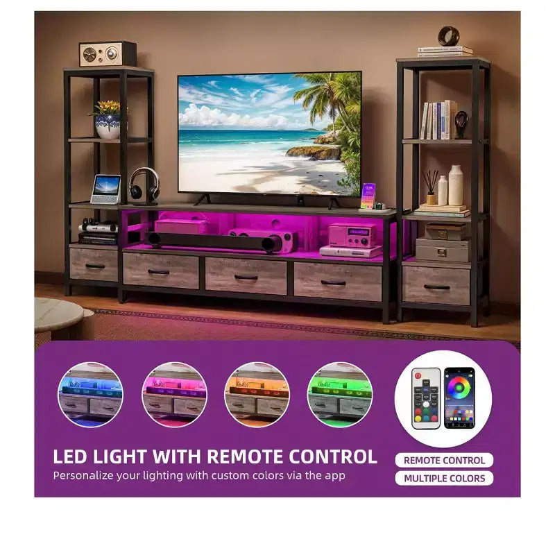 65 İnç TV için LED TV Sehpası, 4 Katlı Kitaplık ve Prizli Eğlence Merkezi, Oturma Odası TV Konsol Dolabı