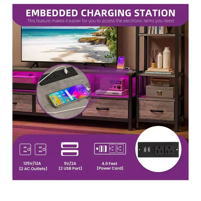 65 İnç TV için LED TV Sehpası, 4 Katlı Kitaplık ve Prizli Eğlence Merkezi, Oturma Odası TV Konsol Dolabı