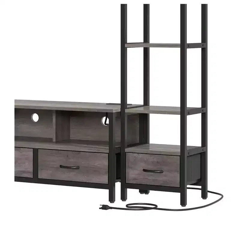 65 İnç TV için LED TV Sehpası, 4 Katlı Kitaplık ve Prizli Eğlence Merkezi, Oturma Odası TV Konsol Dolabı