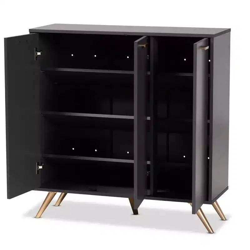 3-türiger Flurschrank mit 4 Regalen, dunkelgrau & gold, moderner Organizer