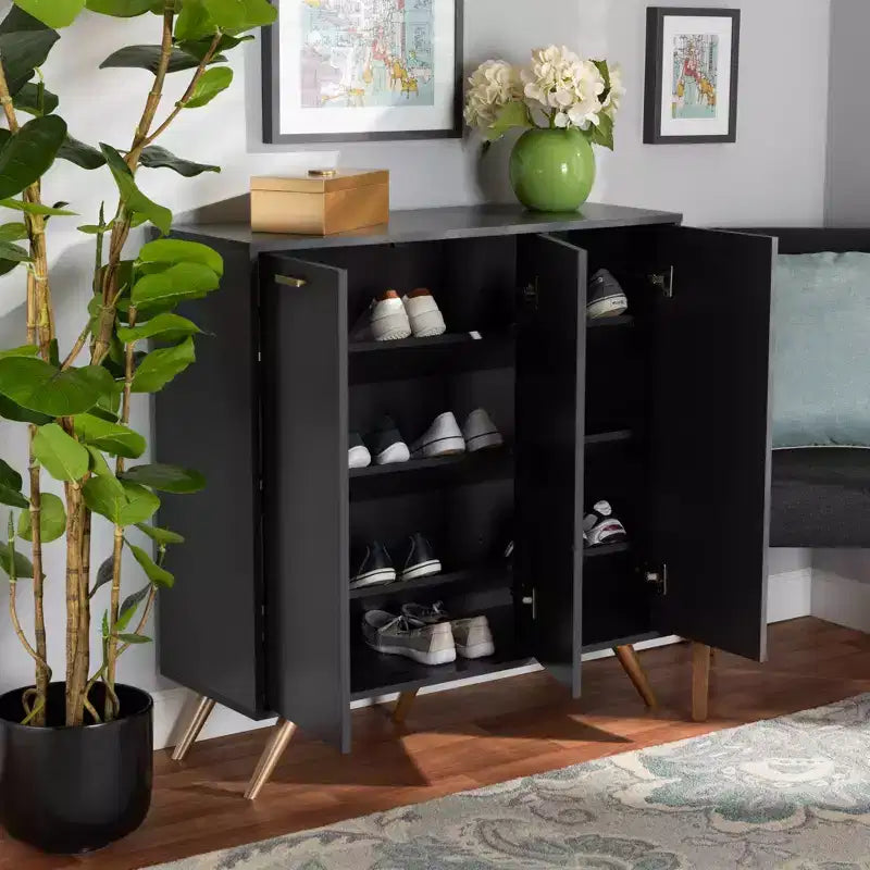 3-türiger Flurschrank mit 4 Regalen, dunkelgrau & gold, moderner Organizer