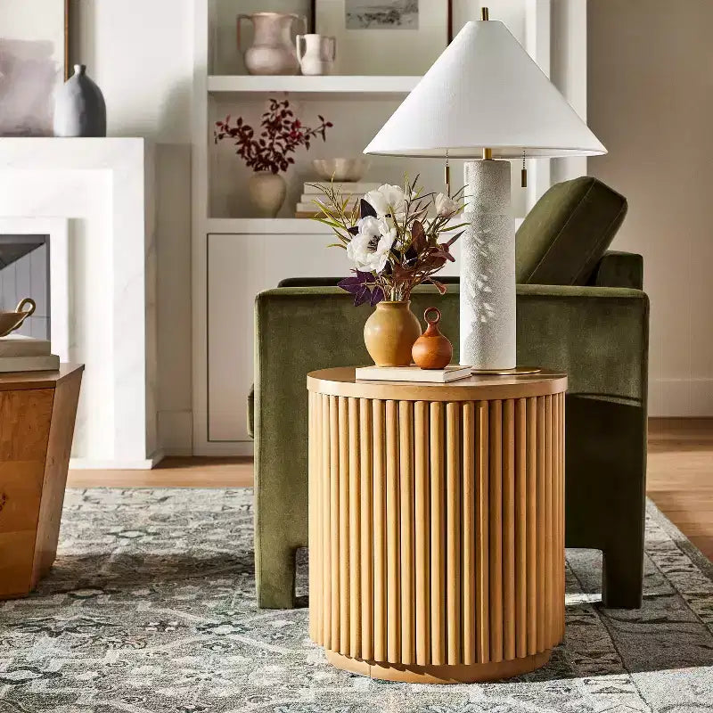 Doğal Ahşap Çubuk Yan Sehpa, Tam Montajlı, Modern Minimalist Vurgu