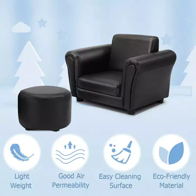 Kinder Sofa Armlehnenstuhl mit Hocker, Kindersofa für Kleinkinder, Schwarz