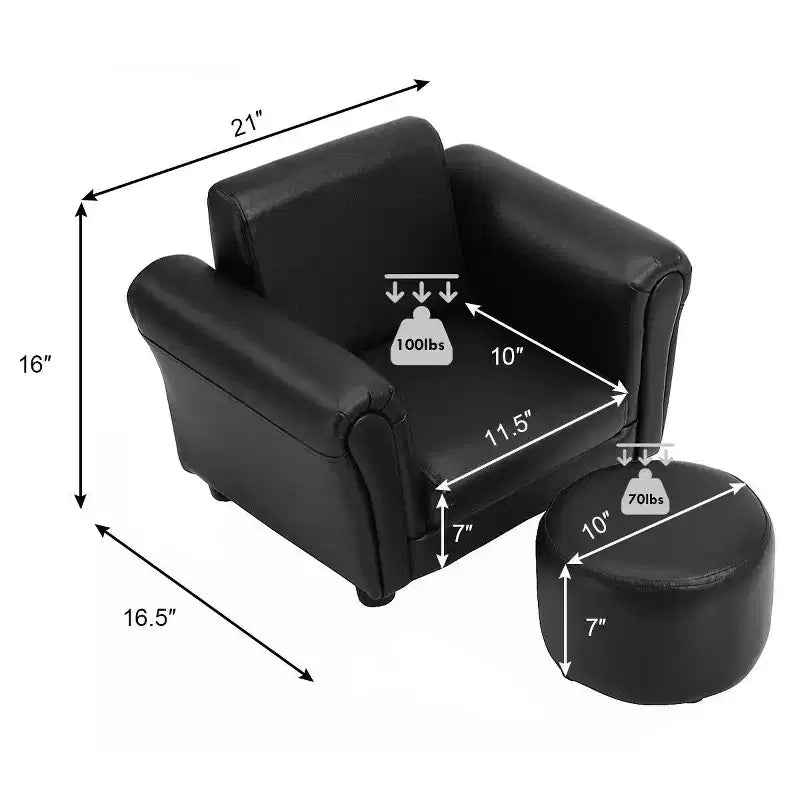 Kinder Sofa Armlehnenstuhl mit Hocker, Kindersofa für Kleinkinder, Schwarz